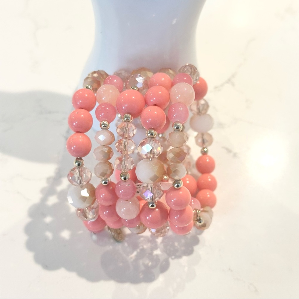 NWT Neiman Marcus Coral Pink Multi-Bead Stretch Bracelet - Picture 3 of 5